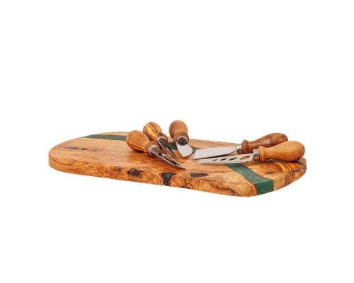 Olive Wood Cheese Cutting or Serving Set with Green Epoxy Resin, Board 35cm & 5 Special Knives - 2