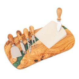 Olive Wood Cheese Cutting or Serving Set with Green Epoxy Resin, Board 35cm & 5 Special Knives - 8 Olive Wood Cheese Cutting or Serving Set with Green Epoxy Resin, Board 35cm & 5 Special Knives - 8
