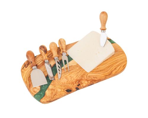 Olive Wood Cheese Cutting or Serving Set with Green Epoxy Resin, Board 35cm & 5 Special Knives - 8