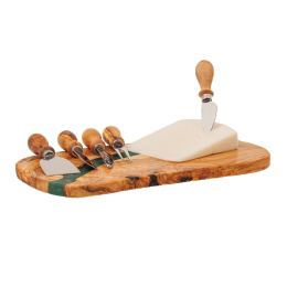 Olive Wood Cheese Cutting or Serving Set with Green Epoxy Resin, Board 35cm & 5 Special Knives - 4 Olive Wood Cheese Cutting or Serving Set with Green Epoxy Resin, Board 35cm & 5 Special Knives - 4