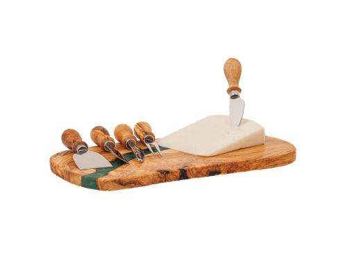 Olive Wood Cheese Cutting or Serving Set with Green Epoxy Resin, Board 35cm & 5 Special Knives - 4