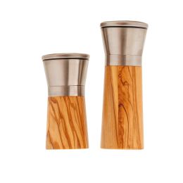 Set of 2 Olive Wood & Metal Salt Grinders or Pepper Mills, 13 & 16cm
