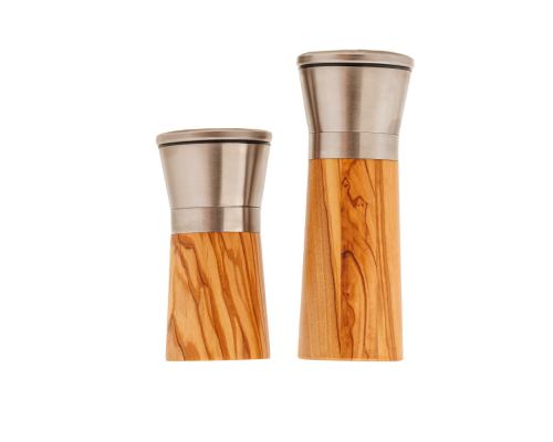Set of 2 Olive Wood & Metal Salt Grinders or Pepper Mills, 13 & 16cm