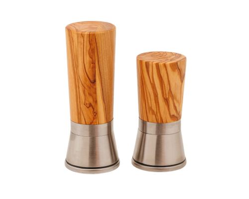 Set of 2 Olive Wood & Metal Salt Grinders or Pepper Mills, 13 & 16cm - 2