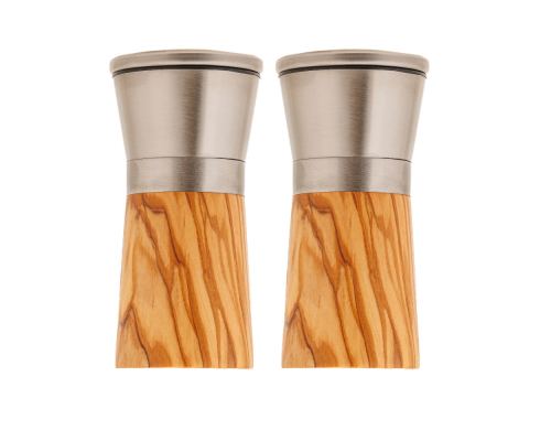 Set of 2 Olive Wood & Metal Salt Grinders or Pepper Mills, 13cm