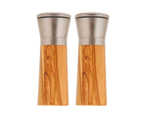 Set of 2 Olive Wood & Metal Salt Grinders or Pepper Mills, 16cm