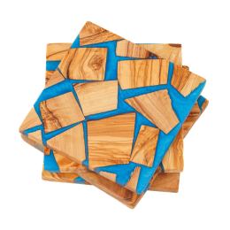 Σετ 4 Σουβέρ από Ξύλο Ελιάς & Μπλε Ρητίνη,10x10cm - 3 Σετ 4 Σουβέρ από Ξύλο Ελιάς & Μπλε Ρητίνη,10x10cm - 3