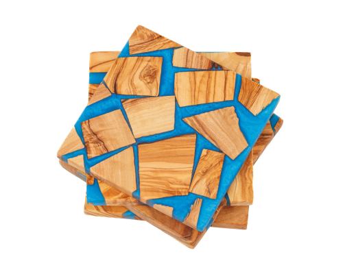Σετ 4 Σουβέρ από Ξύλο Ελιάς & Μπλε Ρητίνη,10x10cm - 3