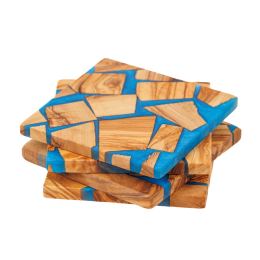 Σετ 4 Σουβέρ από Ξύλο Ελιάς & Μπλε Ρητίνη,10x10cm - 4 Σετ 4 Σουβέρ από Ξύλο Ελιάς & Μπλε Ρητίνη,10x10cm - 4