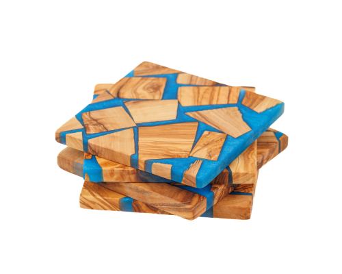 Σετ 4 Σουβέρ από Ξύλο Ελιάς & Μπλε Ρητίνη,10x10cm - 4