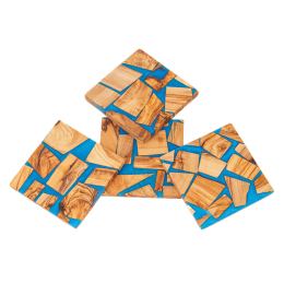 Σετ 4 Σουβέρ από Ξύλο Ελιάς & Μπλε Ρητίνη,10x10cm - 2 Σετ 4 Σουβέρ από Ξύλο Ελιάς & Μπλε Ρητίνη,10x10cm - 2