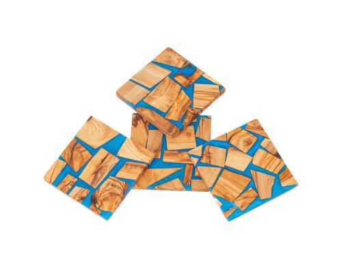 Σετ 4 Σουβέρ από Ξύλο Ελιάς & Μπλε Ρητίνη,10x10cm - 2