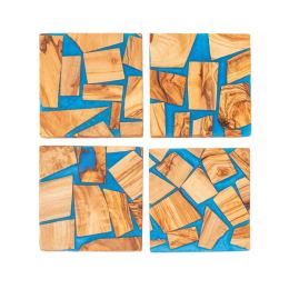 Σετ 4 Σουβέρ από Ξύλο Ελιάς & Μπλε Ρητίνη,10x10cm Σετ 4 Σουβέρ από Ξύλο Ελιάς & Μπλε Ρητίνη,10x10cm
