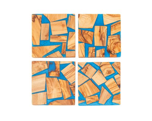 Σετ 4 Σουβέρ από Ξύλο Ελιάς & Μπλε Ρητίνη,10x10cm