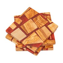Set of 4 Drink Serving Coasters made of Olive Wood & Red Epoxy Resin, 10x10cm - 2 Set of 4 Drink Serving Coasters made of Olive Wood & Red Epoxy Resin, 10x10cm - 2