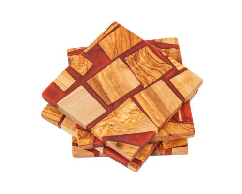 Set of 4 Drink Serving Coasters made of Olive Wood & Red Epoxy Resin, 10x10cm - 2