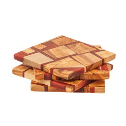 Set of 4 Drink Serving Coasters made of Olive Wood & Red Epoxy Resin, 10x10cm - 4 Set of 4 Drink Serving Coasters made of Olive Wood & Red Epoxy Resin, 10x10cm - 4