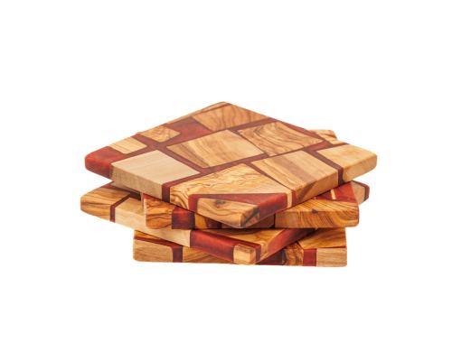 Set of 4 Drink Serving Coasters made of Olive Wood & Red Epoxy Resin, 10x10cm - 4