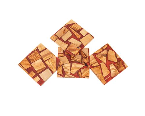 Set of 4 Drink Serving Coasters made of Olive Wood & Red Epoxy Resin, 10x10cm - 3