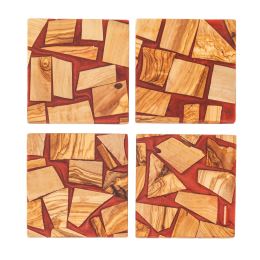 Set of 4 Drink Serving Coasters made of Olive Wood & Red Epoxy Resin, 10x10cm Set of 4 Drink Serving Coasters made of Olive Wood & Red Epoxy Resin, 10x10cm