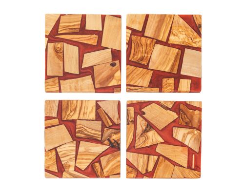 Set of 4 Drink Serving Coasters made of Olive Wood & Red Epoxy Resin, 10x10cm