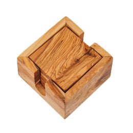 Set of 4 Square Olive Wood Drink Serving Coasters with Base, 11x11cm - 3