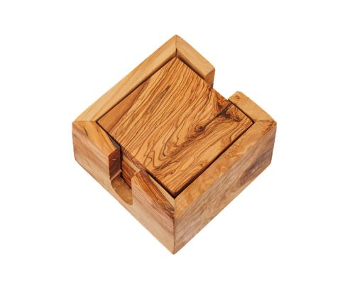 Set of 4 Square Olive Wood Drink Serving Coasters with Base, 11x11cm - 3