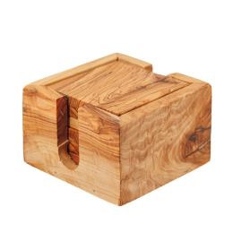 Set of 4 Square Olive Wood Drink Serving Coasters with Base, 11x11cm