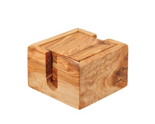 Set of 4 Square Olive Wood Drink Serving Coasters with Base, 11x11cm