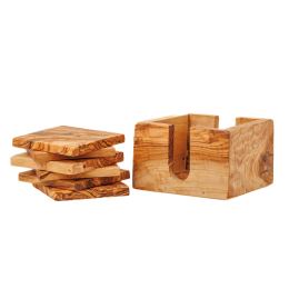 Set of 4 Square Olive Wood Drink Serving Coasters with Base, 11x11cm - 2