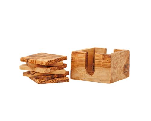Set of 4 Square Olive Wood Drink Serving Coasters with Base, 11x11cm - 2