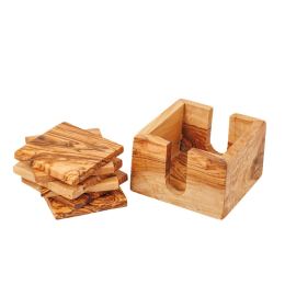 Set of 4 Square Olive Wood Drink Serving Coasters with Base, 11x11cm - 4