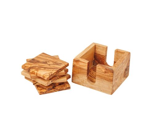 Set of 4 Square Olive Wood Drink Serving Coasters with Base, 11x11cm - 4
