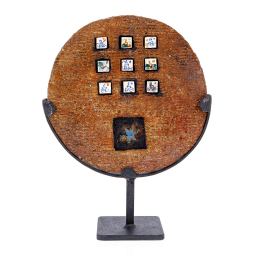 Decorative Disk Sculpture - Handmade Ceramic & Metal With Porcelain Inlays Tabletop Decor. 34cm (13.4")