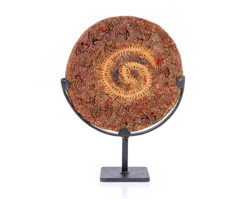 Decorative Disk Sculpture - Handmade Ceramic & Metal With Porcelain Inlays Tabletop Decor. 34cm (13.4")