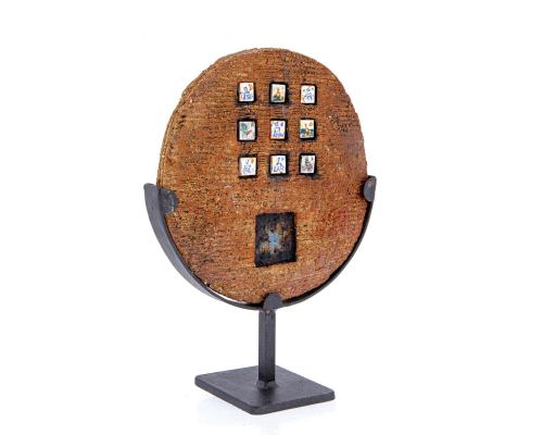 Decorative Disk Sculpture - Handmade Ceramic & Metal With Porcelain Inlays Tabletop Decor. 34cm (13.4")