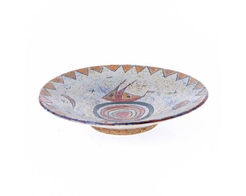 Decorative Plate - Handmade Ceramic Table or Wall Art Decor - Textured Rim - "Sail Boat" Design, 36cm (14.2")