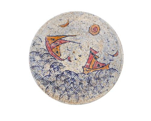 Decorative Plate - Handmade Ceramic Table or Wall Art Decor - "Sea & Ship" Design, 36cm (14.2")