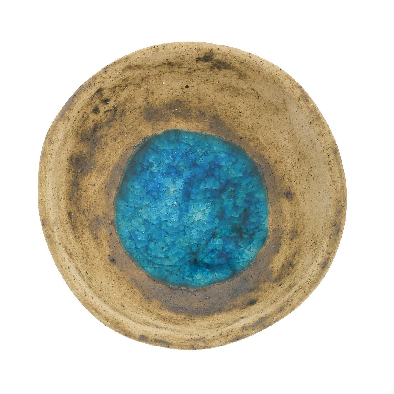 Bowl Handmade Beige Ceramic & Blue Glass Casual Style Small 7" (18cm)