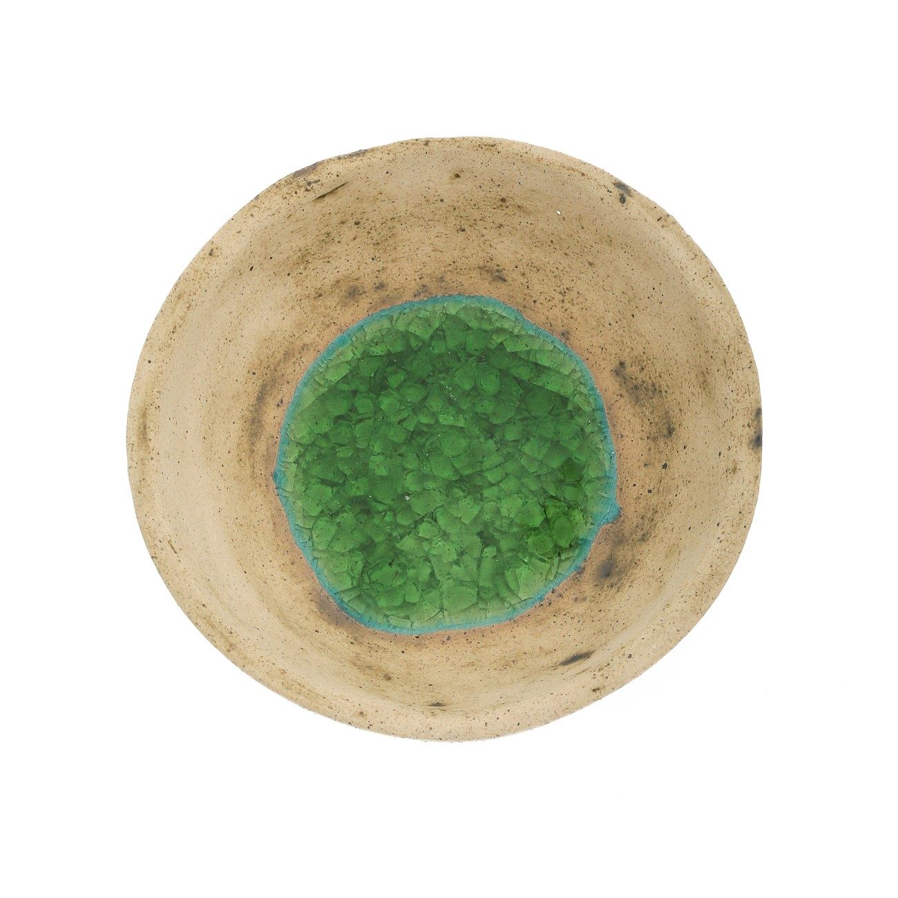 Bowl Handmade Beige Ceramic & Green Glass Casual Style Small 7