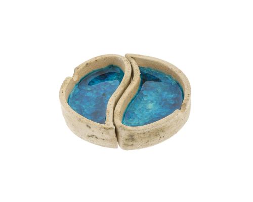 Ashtray - Handmade Beige Ceramic & Blue Glass, Yin Yang Design