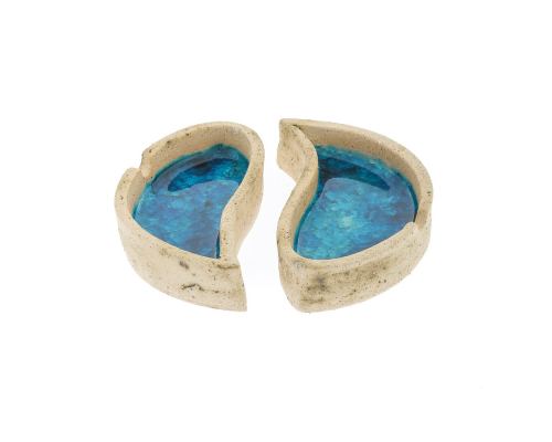 Ashtray - Handmade Beige Ceramic & Blue Glass, Yin Yang Design