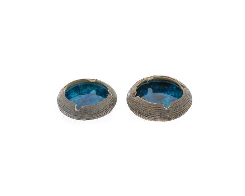 Ashtray Set of 2 - Handmade Brown Ceramic & Blue Glass - Casual Style - Large & Small 