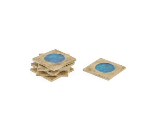 Drink Serving Coasters Set of 6 - Handmade Beige Ceramic & Blue Glass - Casual Style