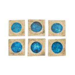 Drink Serving Coasters Set of 6 - Handmade Beige Ceramic & Blue Glass - Casual Style