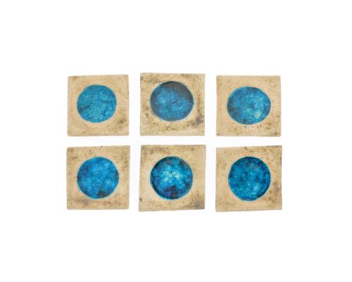 Drink Serving Coasters Set of 6 - Handmade Beige Ceramic & Blue Glass - Casual Style