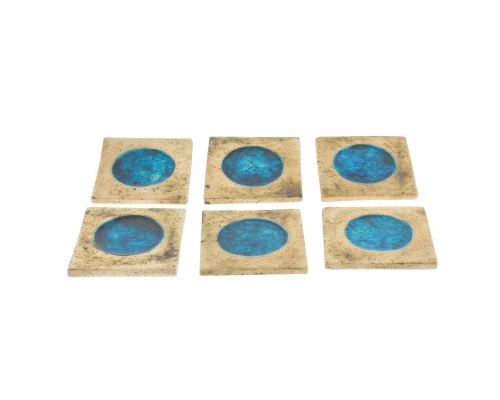 Drink Serving Coasters Set of 6 - Handmade Beige Ceramic & Blue Glass - Casual Style