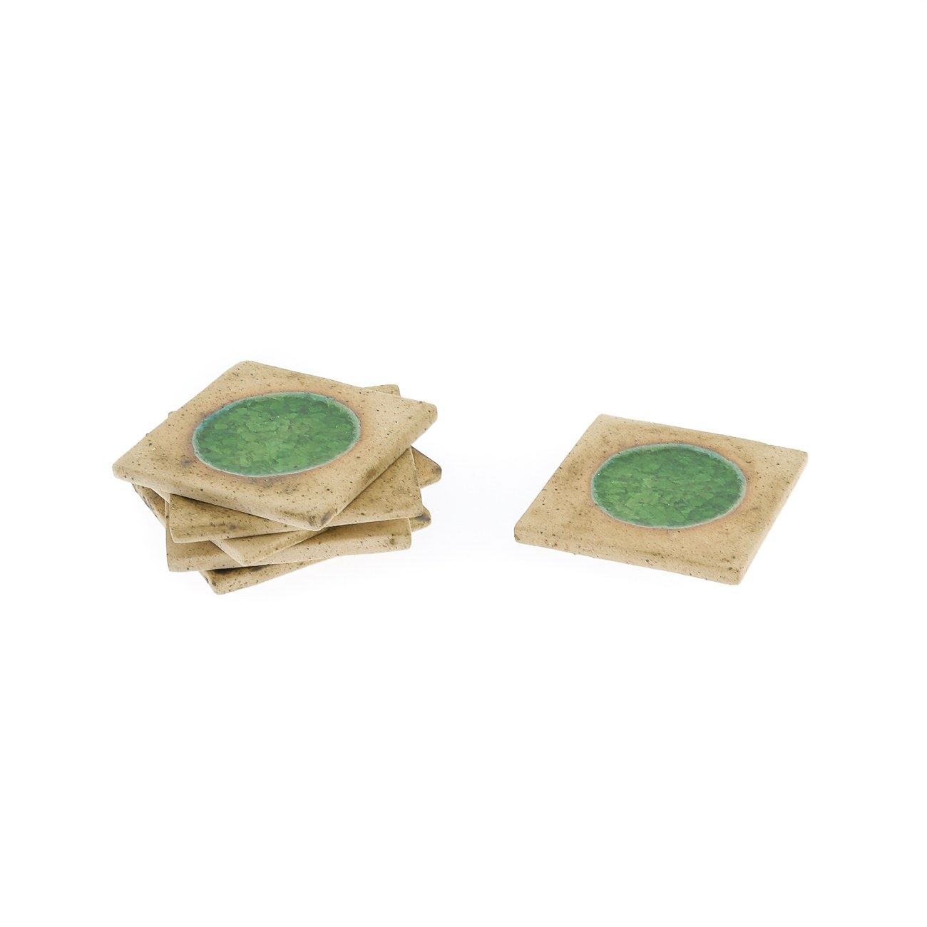 Drink Serving Coasters Set of 6 Handmade Beige Ceramic & Green Glass