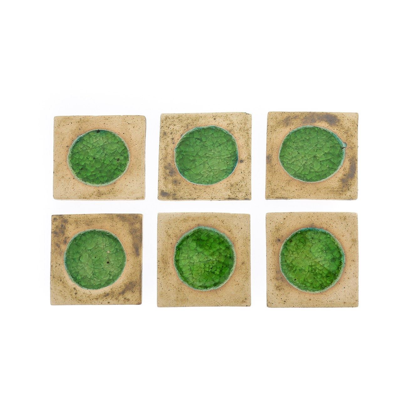 Drink Serving Coasters Set of 6 Handmade Beige Ceramic & Green Glass