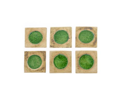 Drink Serving Coasters Set of 6 - Handmade Beige Ceramic & Green Glass - Casual Style